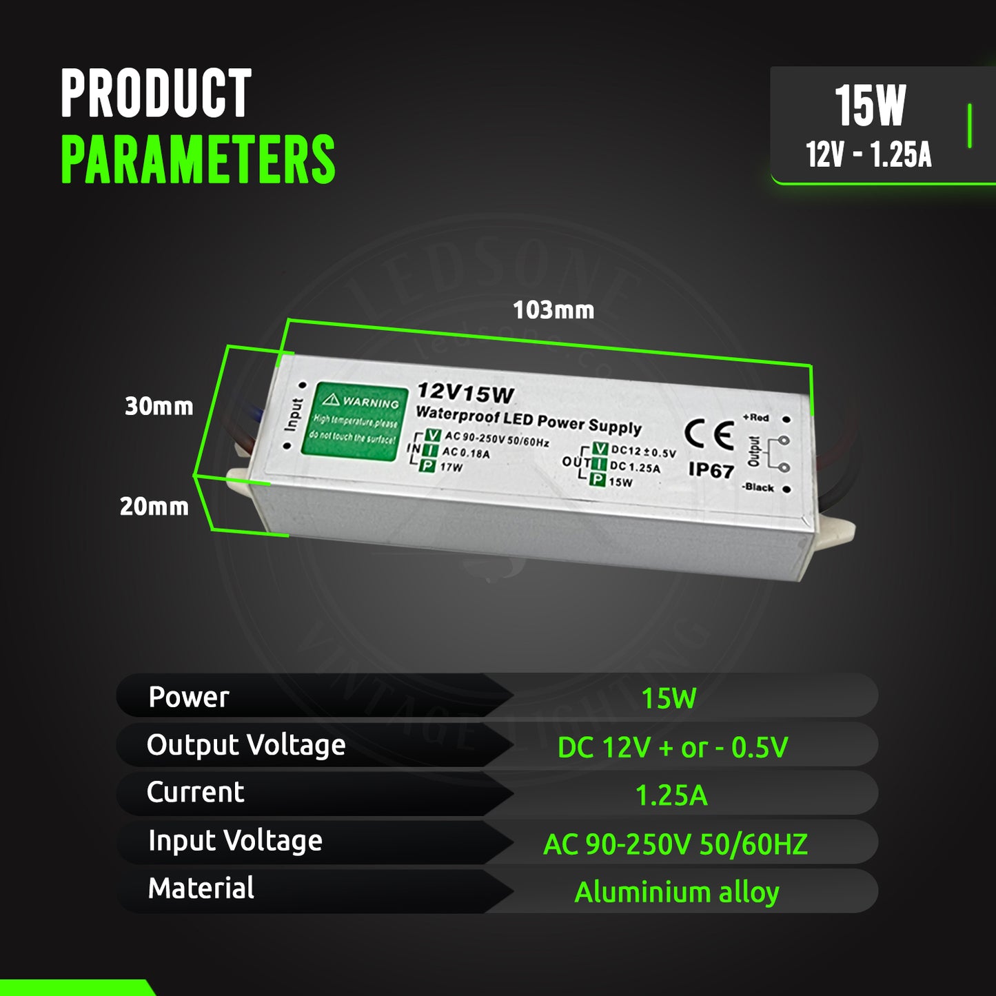 Funktion des wasserdichten DC12V IP67 15W LED-Treiber-Netzteiltransformators