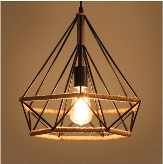 Lampada da soffitto in canapa con gabbia diamantata e paralume in metallo ~3001