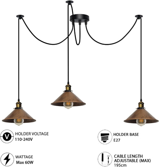 Vintage 3-armiger Kronleuchter, verstellbare Spinnenlichter ~3359