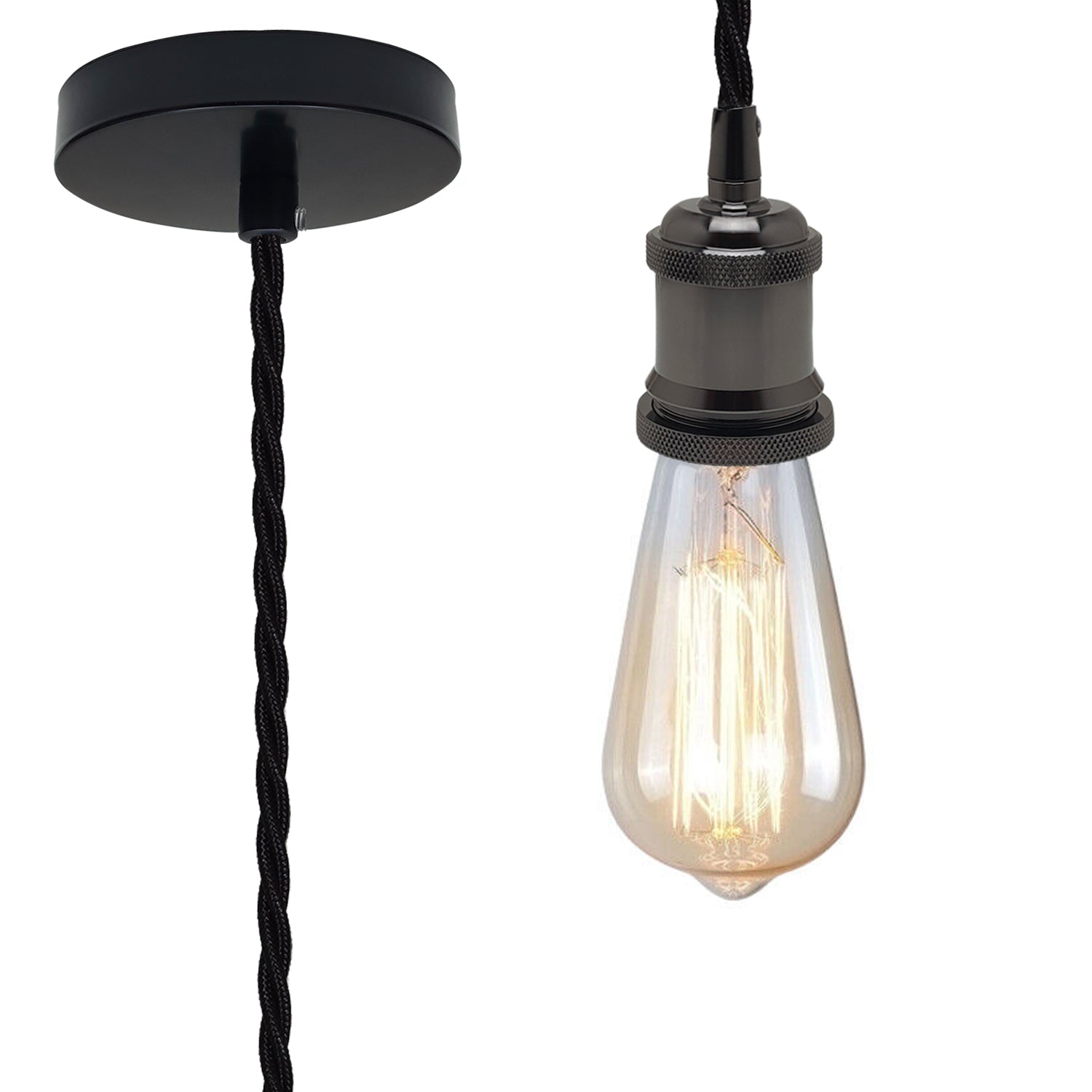 Glänzend schwarze Vintage-Deckenleuchte aus Metall, schwarzes, gedrehtes, geflochtenes Flexkabel, 2 m E27-Lampenfassung, hängendes Pendelleuchten-Montageset für Innenbeleuchtung