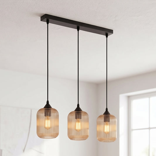 3 Flammige Pendelleuchte mit Glasschirm Ø14cm | E27 Balken Deckenleuchte ~4187