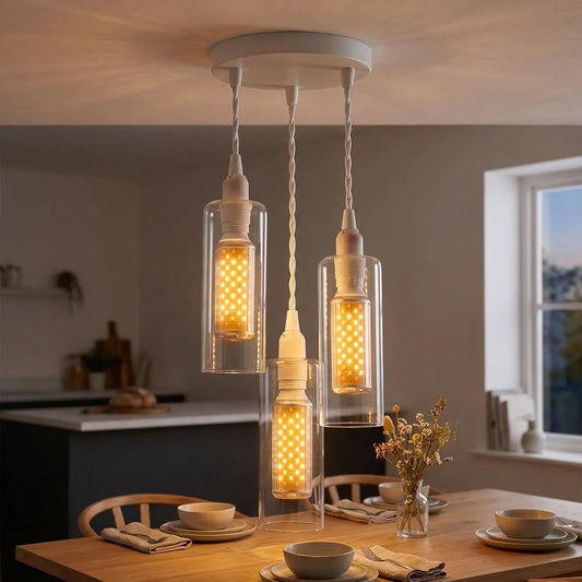 3-flammiges Pendelleuchten-Set aus klarem Glas, E14-LED, 1 m weißes Kabel~3772