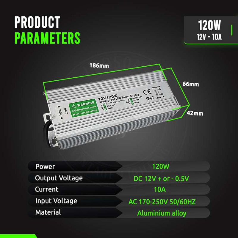 LED Trafo 12V 10A mit 120W – Frontansicht