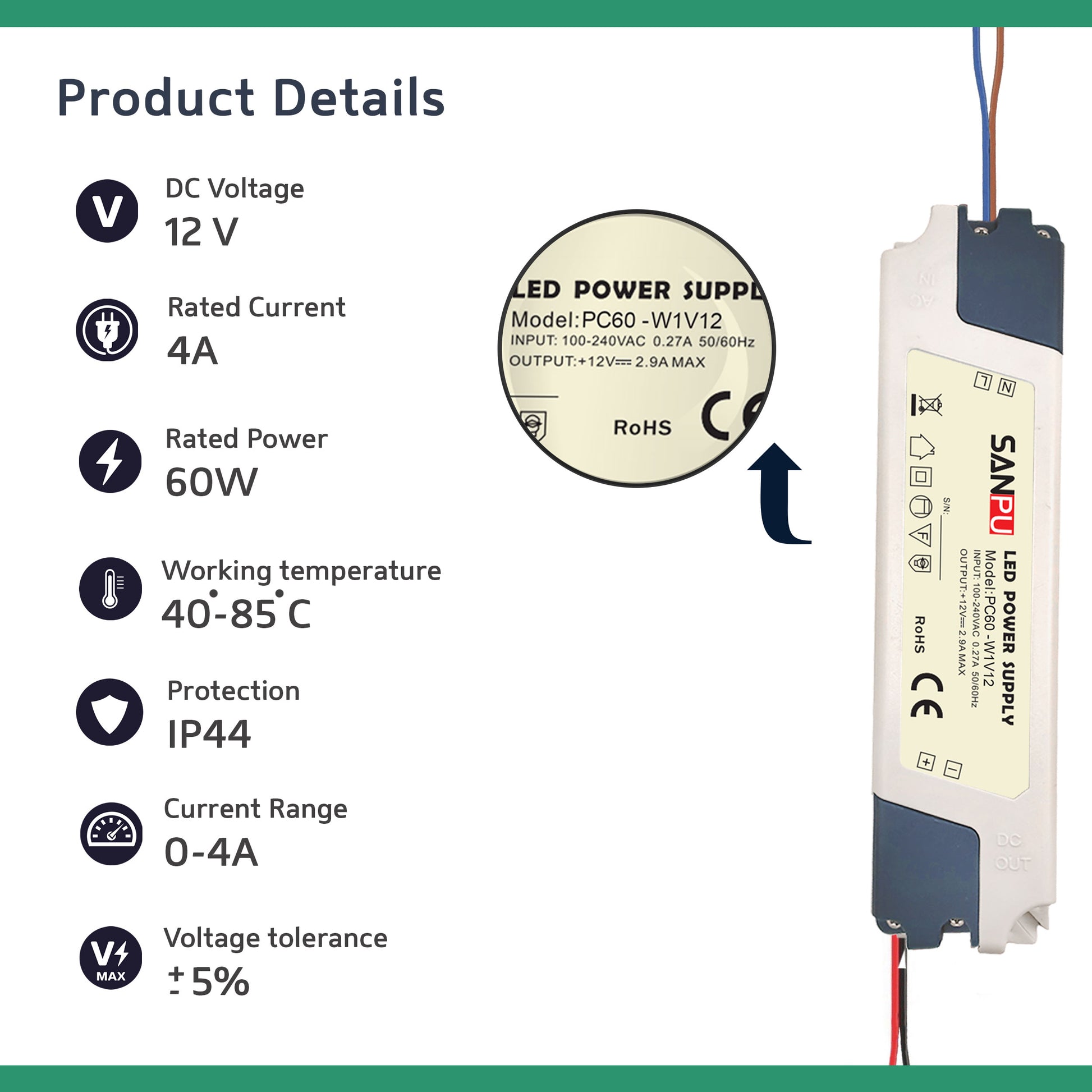 60 W 5 Ampere kompakter Sanpu LED-Treiber AC 230 V bis DC 12 V Netzteiltransformator deta
