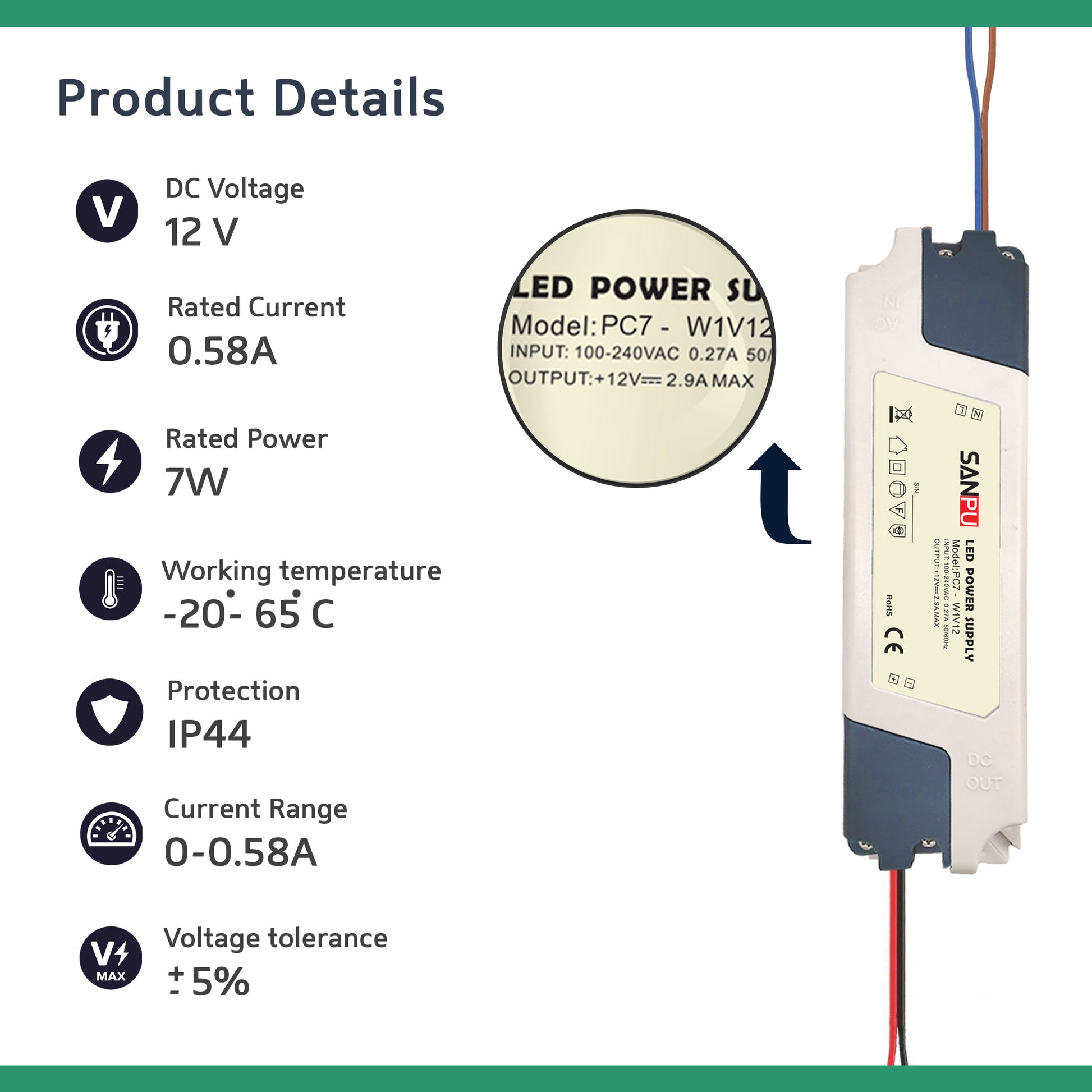 7 W 0,58 A Kompakter Sanpu LED-Treiber AC 230 V auf DC 12 V Netzteiltransformator
