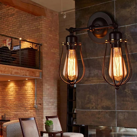 Væglamper til indendørs brug, trådbur, sort, 2 lys ~3049