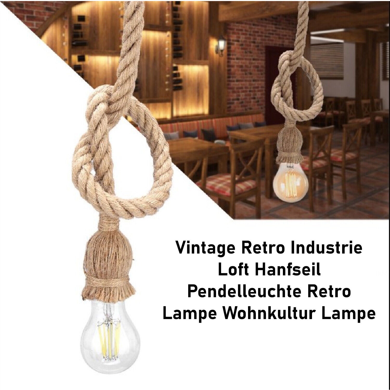 Knoten Hanfseil Pendelleuchte – Einfaches Design, 1m & 2m Länge, rustikale Deckenlampe für Wohnzimmer, Esszimmer oder Loft
