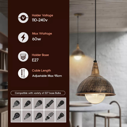 Lampada a sospensione vintage in rame spazzolato – E27, Ø10 cm, cavo da 95 cm ~2182