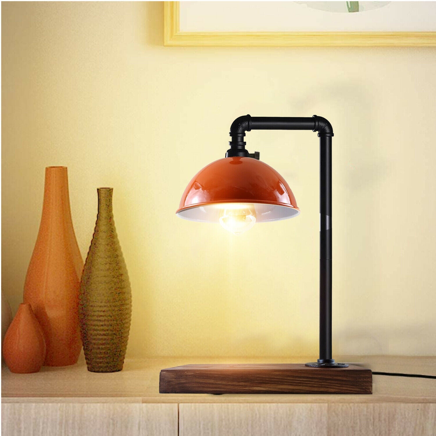 Schwarze Industrie-Tischlampe Steampunk Schreibtisch Tisch mit orangefarbenem Schirm LEDSone DE