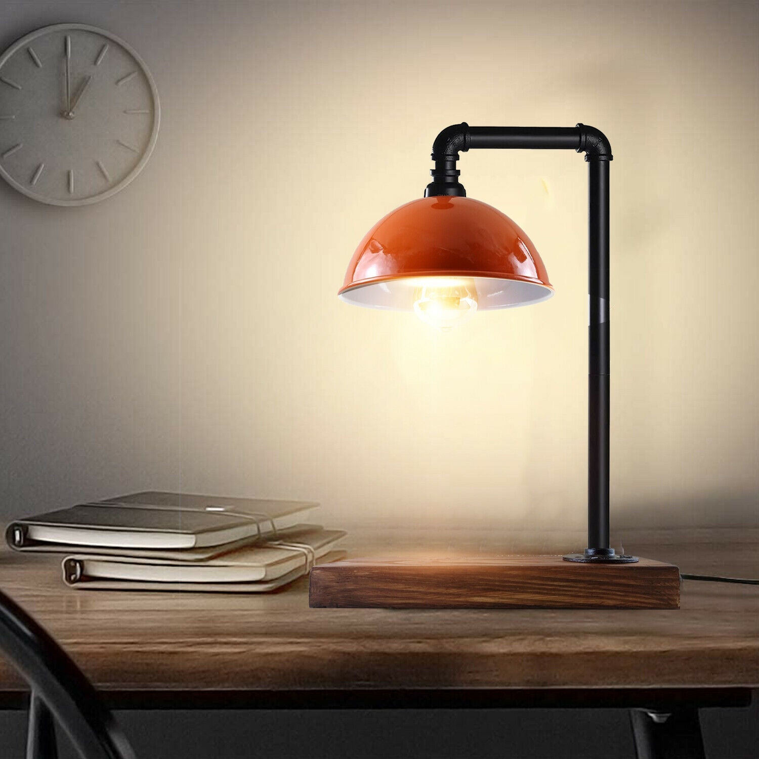 Schwarze Industrie-Tischlampe Steampunk Schreibtisch Tisch mit orangefarbenem Schirm LEDSone DE