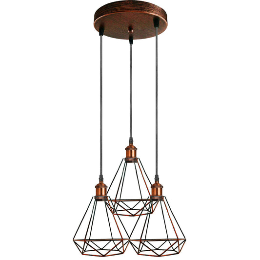 Rustik rød rund moderne retro industriel loftslampeskærm hængende pendellampe bur 3-vejs lampe ~ 2414
