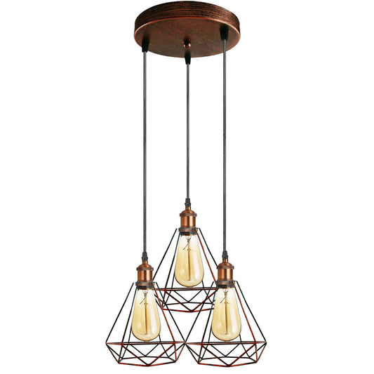 Rustik rød rund moderne retro industriel loftslampeskærm hængende pendellampe bur 3-vejs lampe ~ 2414