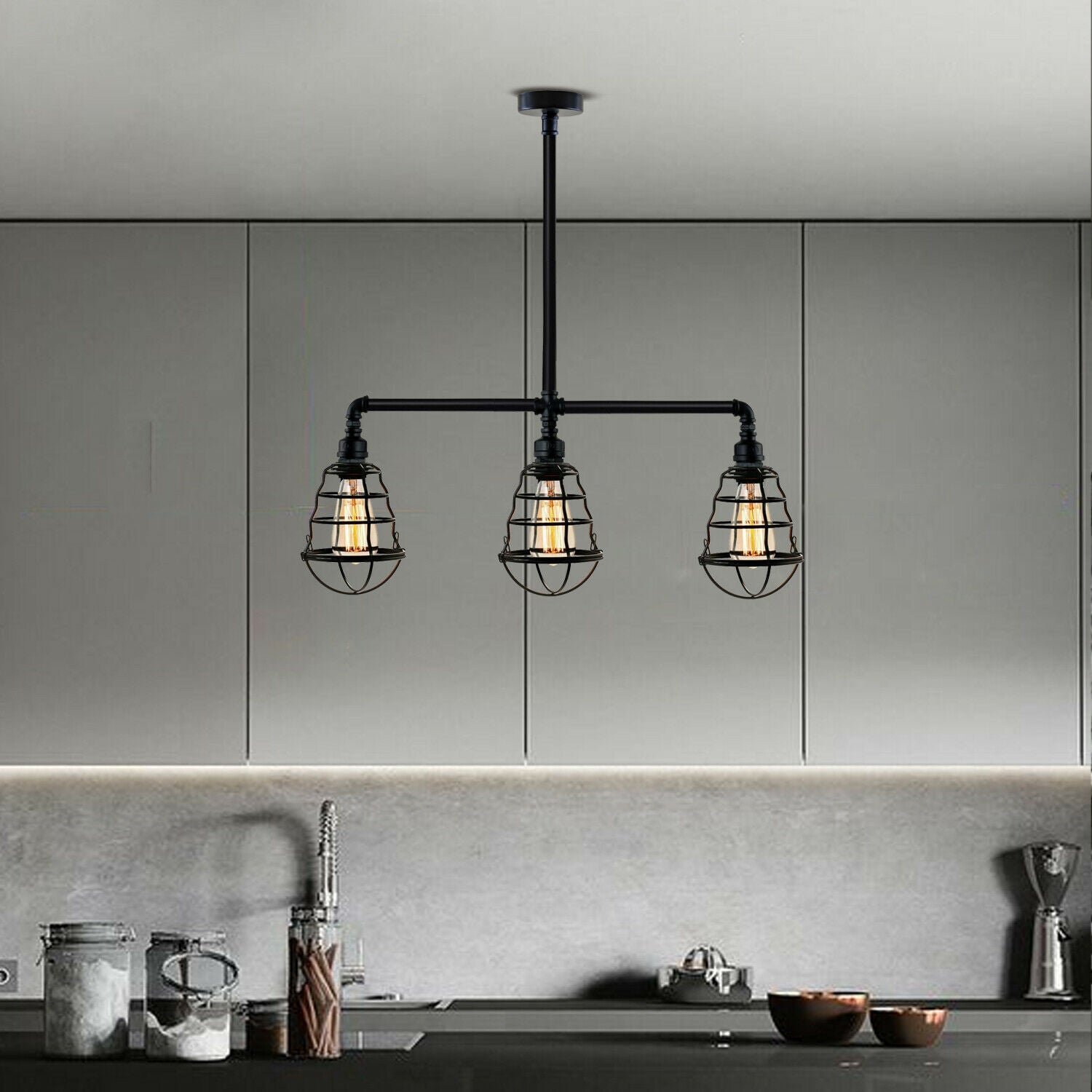 Verzinkte Decken-3-Kopf-Lampe Schwarzes Metall Wasserrohr-Leuchte LEDSone DE