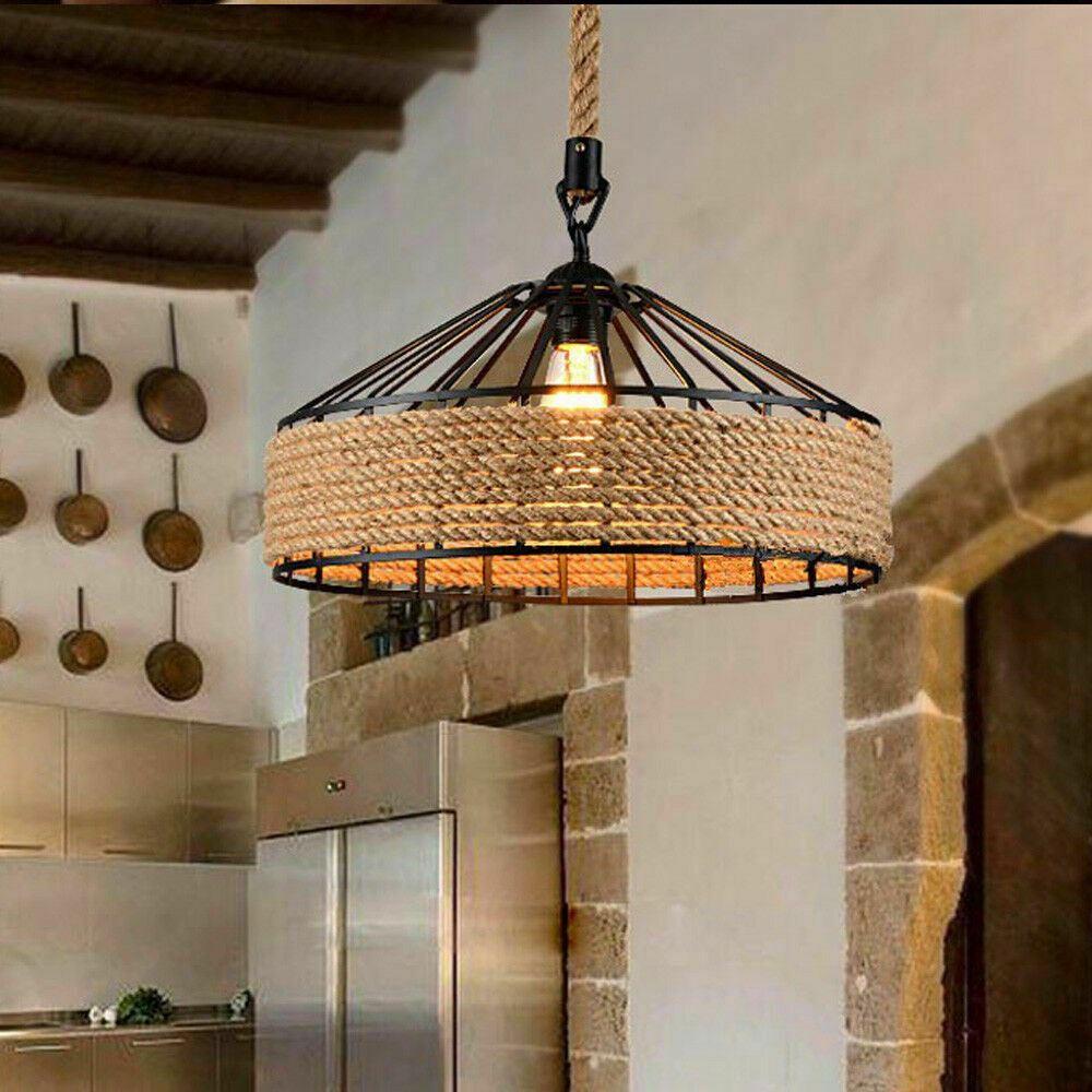 Retro Industrial Vintage Loft Hanfseil Pendelleuchte Deckenlampe
