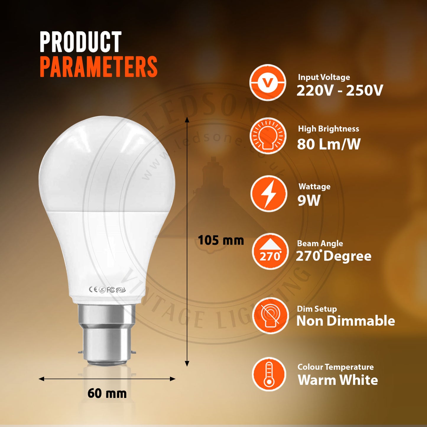 B22 9 W energiesparende warmweiße LED-Glühbirnen A60 B22 Schraubbirnen, nicht dimmbar