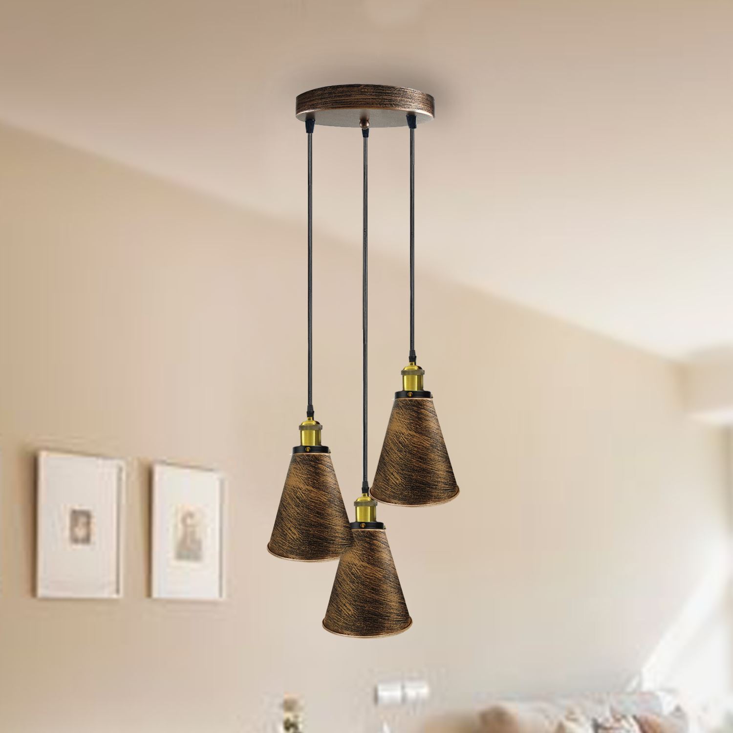 Industrielle Retro 3-Kopf Vintage Runde Basis Pendelleuchte Deckenleuchte