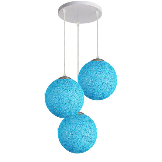 Blue Vine Ball Rattan Shade Chandelier Three Head Dekorative Round Base Deckenpendelleuchte