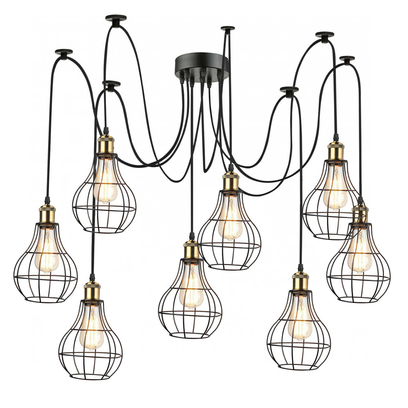Vintage Pendelleuchte mit 8 Armen – Spinnenlampe mit Käfig-Lampenschirmen, E27-Fassung, ideal für Wohnzimmer, Esszimmer oder Loft