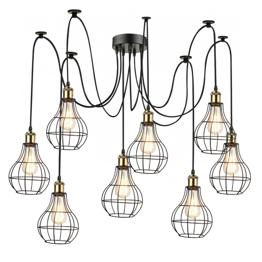 Vintage Pendelleuchte mit 8 Armen – Spinnenlampe mit Käfig-Lampenschirmen, E27-Fassung, ideal für Wohnzimmer, Esszimmer oder Loft