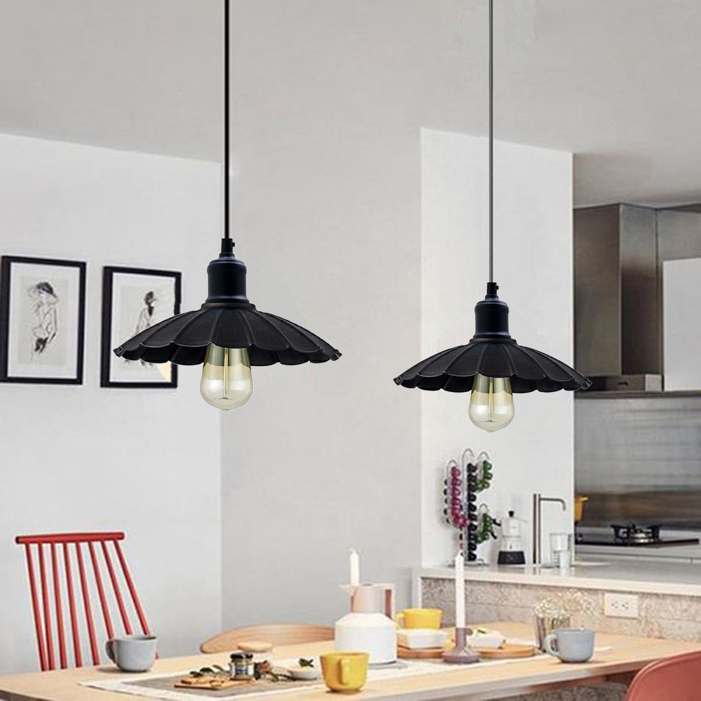 Industriedesign Kücheninsel  Schwarz Pendelleuchten Regenschirm Design