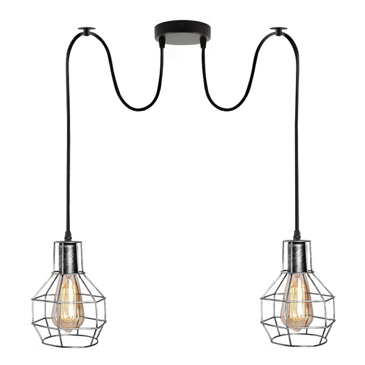 Industrielle Spinnenlampe im Retro-Design, 2x E27 Fassung, Silberkäfig, ideal für Esszimmer, Küche oder Wohnzimmer als Hingucker.
