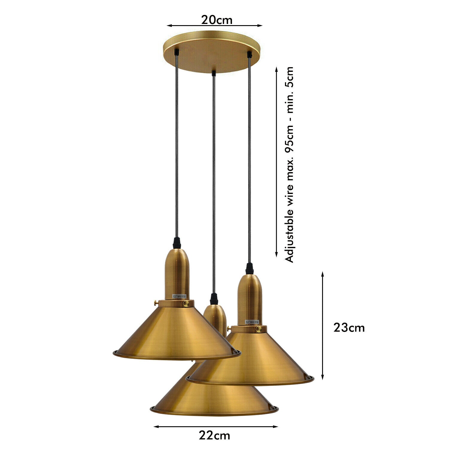 Industrielle Retro Gelb Messing Metall Kegelform Schatten Indoor Hängende Deckenpendelleuchte