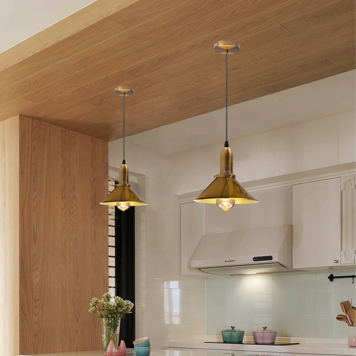 Industrielle Retro Gelb Messing Metall Kegelform Schatten Indoor Hängende Deckenpendelleuchte