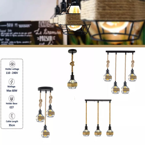 Industrielle Lampe, Vintage-Loft-Hängeleuchte, Retro-Seil-Pendelleuchte~3173