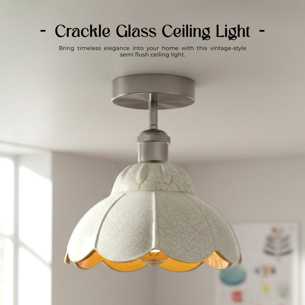 Vintage-Deckenleuchte 20 cm, halb bündig – Satin-Nickel & Craquelé-Glas~3660