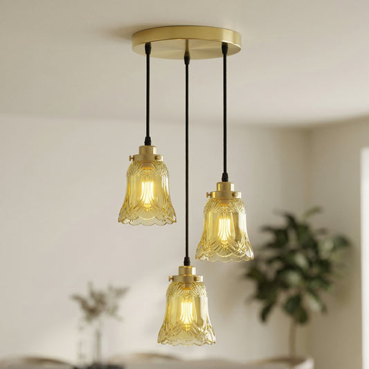 Lampadario a sospensione a 3 luci con portalampade E27 in vetro marrone tè~3645