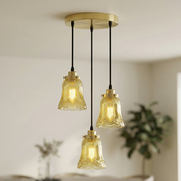 3-flammige Pendelleuchte mit E27-Fassungen aus teebraunem Glas~3645