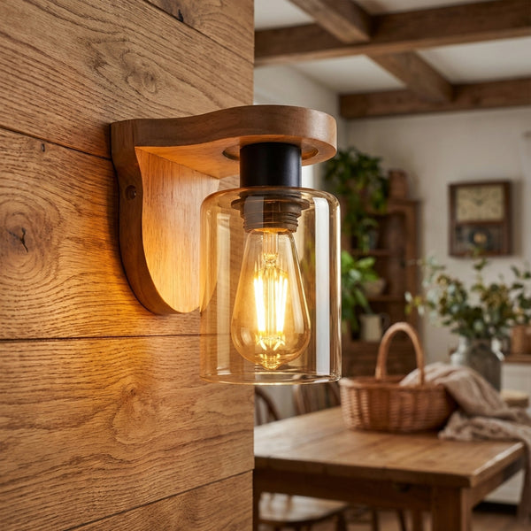 Wandleuchte aus Holz für den Innenbereich, E27, Bernsteinfarbenes Glas~3692