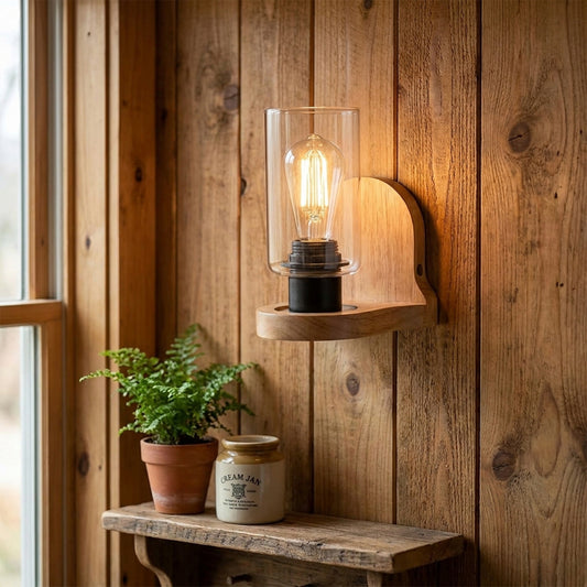Wandleuchte aus Holz mit E27-Fassung und klarem Glas – Vintage-Lampe für den Innenbereich~3697
