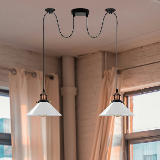 Moderne 2-Kopf-Leuchte mit weißen Metall-Kegelschirmen und E27-Fassung – ideal für Küche, Esszimmer oder Arbeitsbereich.