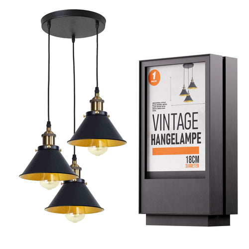 Lampada a sospensione nera a 3 luci con cono interno dorato, base E27 e altezza regolabile ~ 2906