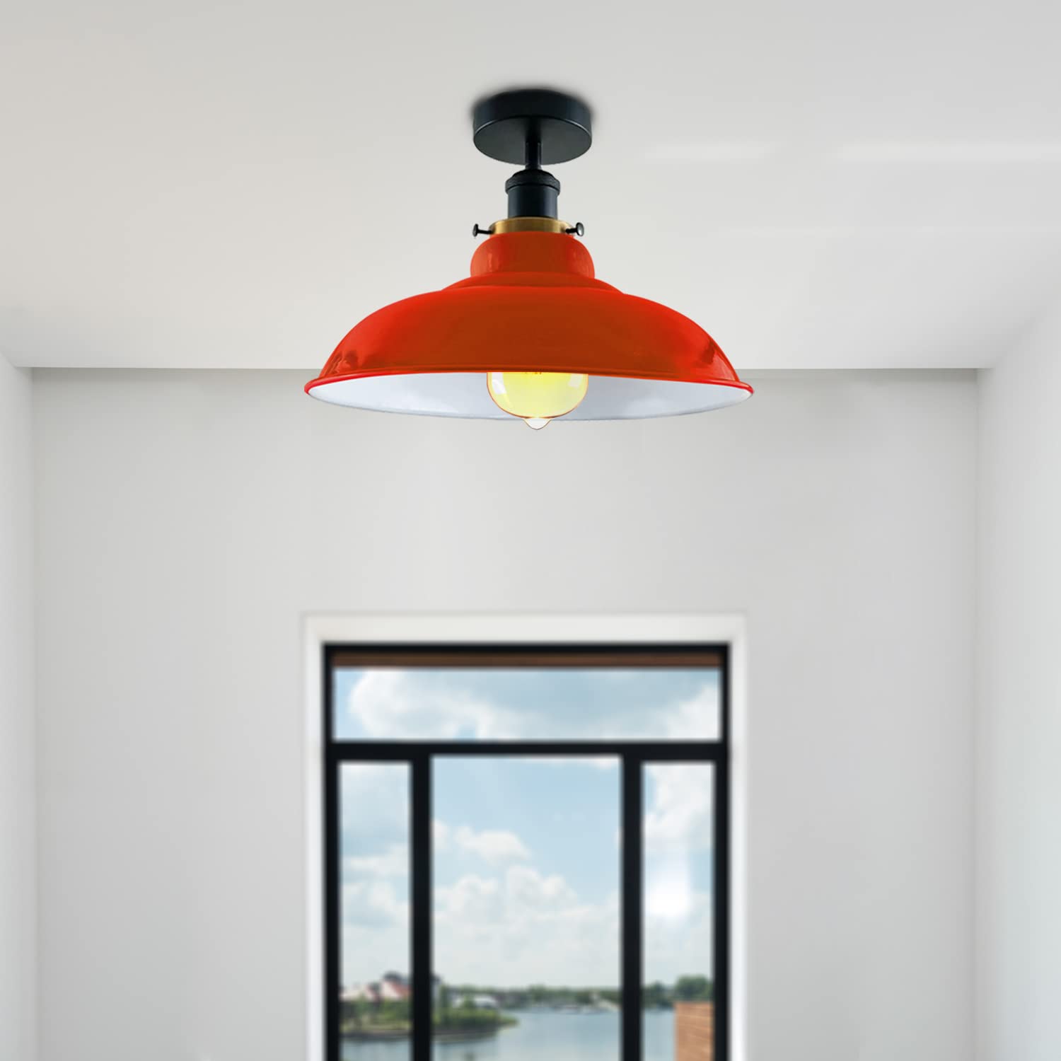 Industrial Vintage Semi Unterputz Deckenbeleuchtung Deckenlampe Metall Schüssel Form Downlight Grün Lampenschirm Wohnzimmer Innen Dekoration E27 Sockel