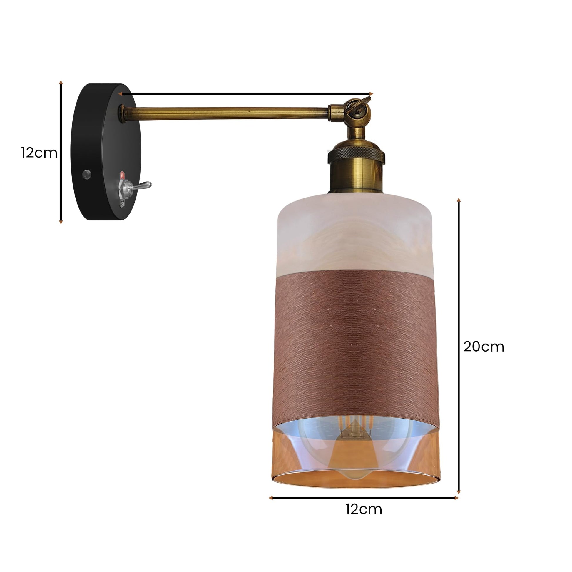 Vintage Messing Wandlampe mit verstellbarem Arm und weiß-braunem Lampenschirm, E27 Fassung, 60W für Innenräume, einfache Installation.