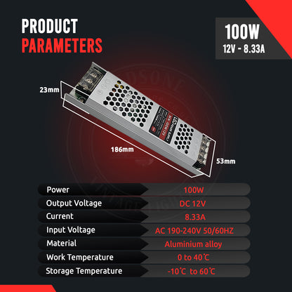 DC12V 100W Ultra Slim LED-Treiber Netzteiltransformator 240V für LED-Streifen size