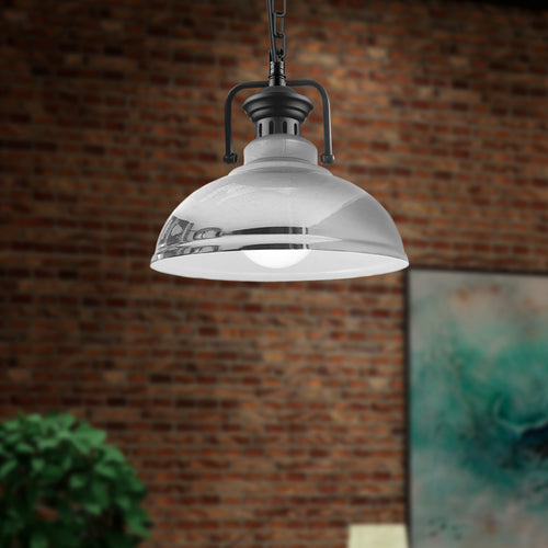 Lampada a sospensione vintage cromata regolabile – Lampada da soffitto E27 con paralume verniciato bianco ~3040