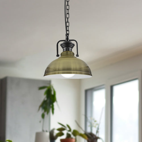 Lampada a sospensione vintage regolabile in ottone verde – Lampada da soffitto E27 con paralume rivestito bianco ~3039