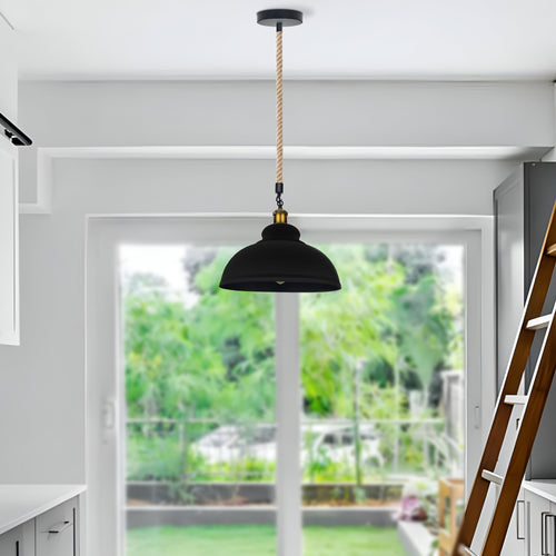 E27 Black Dome Metal Pendant Light with 100cm Hemp Rope~3035