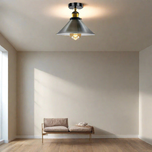 LED Satinnickel Deckenleuchte E27 Rund Schirm  Ø 22cm Kegelform~2988