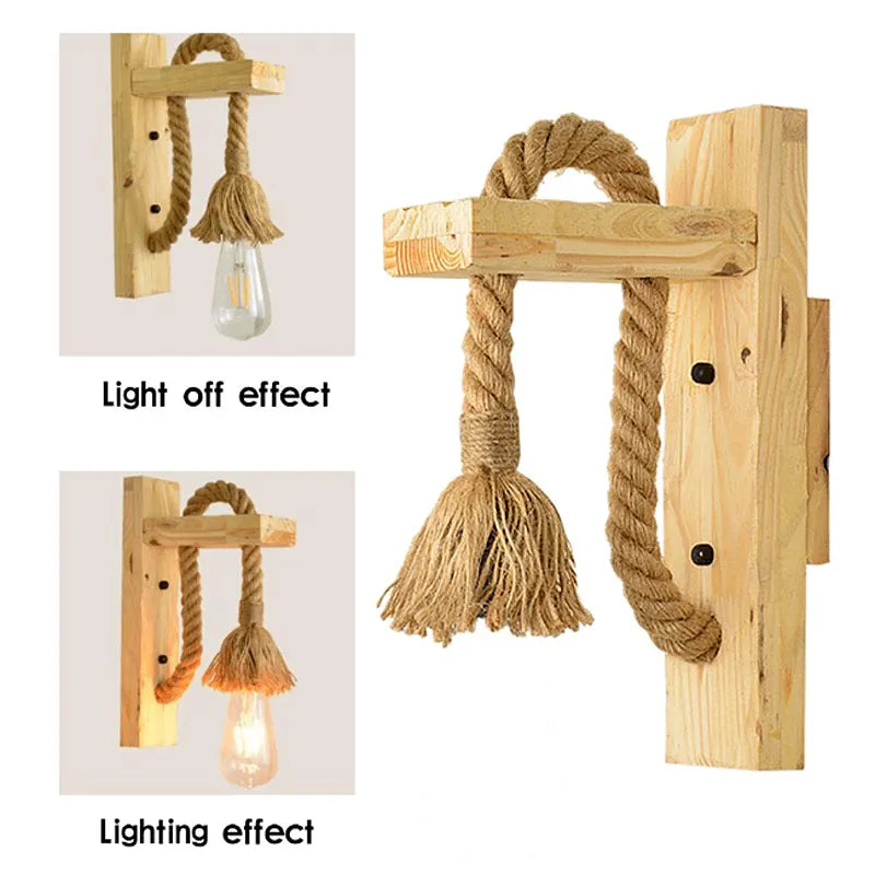  Holz Hanfseil Wandleuchte E27 12cm Käfigschirm