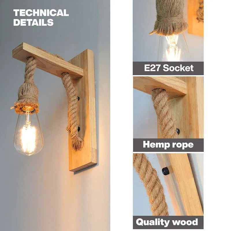  Holz Hanfseil Wandleuchte E27 12cm Käfigschirm