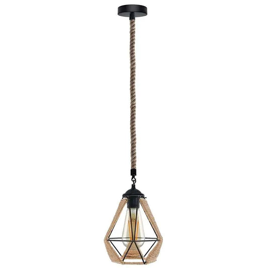 Industrielle Pendelleuchte–Hanfseil & schwarzer Metallkäfig
