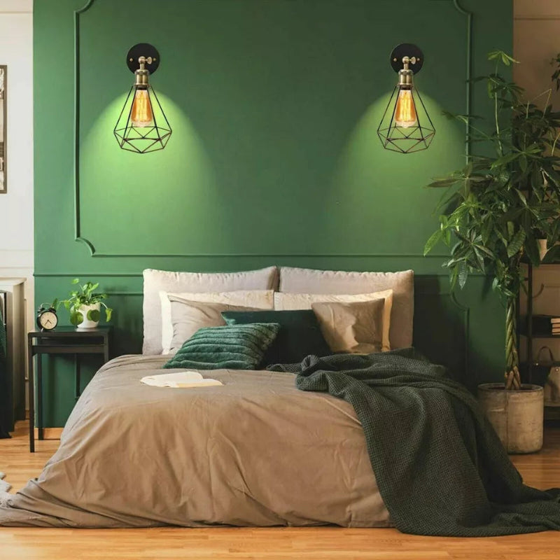 Kupferkäfig Wandlampe mit grünem Messinghalter