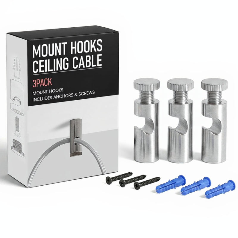 MOUNT HOOKS CEILING CABLE
3PACK
MOUNT HOOKS
INCLUDES ANCHORS & SCREWS