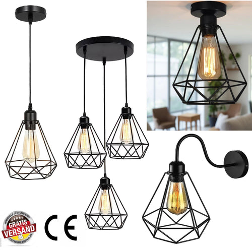 Modulare E27-Leuchte – Pendel-, Wand- & Deckenleuchte mit Käfigdesign, schwarz, 1–3-flammig~3145