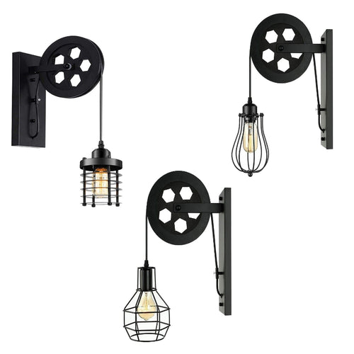 Riemenscheiben Wandleuchten innen schwarz | Eisen | Holz~2578