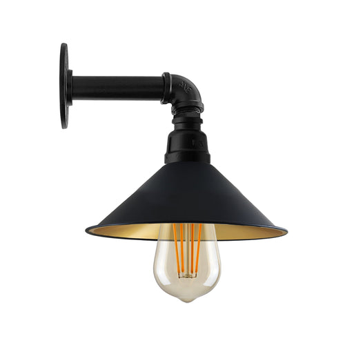 Vintage Wasserrohr-Wandleuchte, schwarz-goldener Kegelschirm~3020